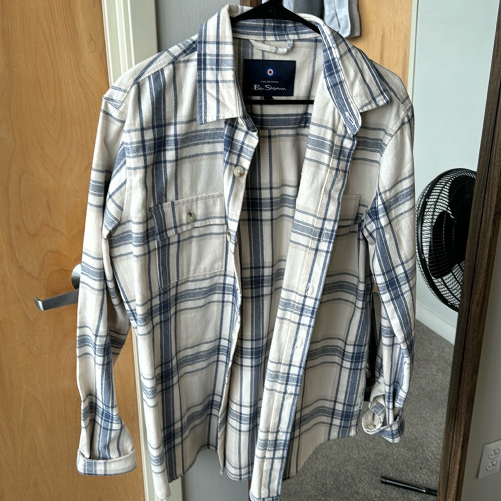 Ben Sherman Flannel, White & Blue, Size Large, Like New